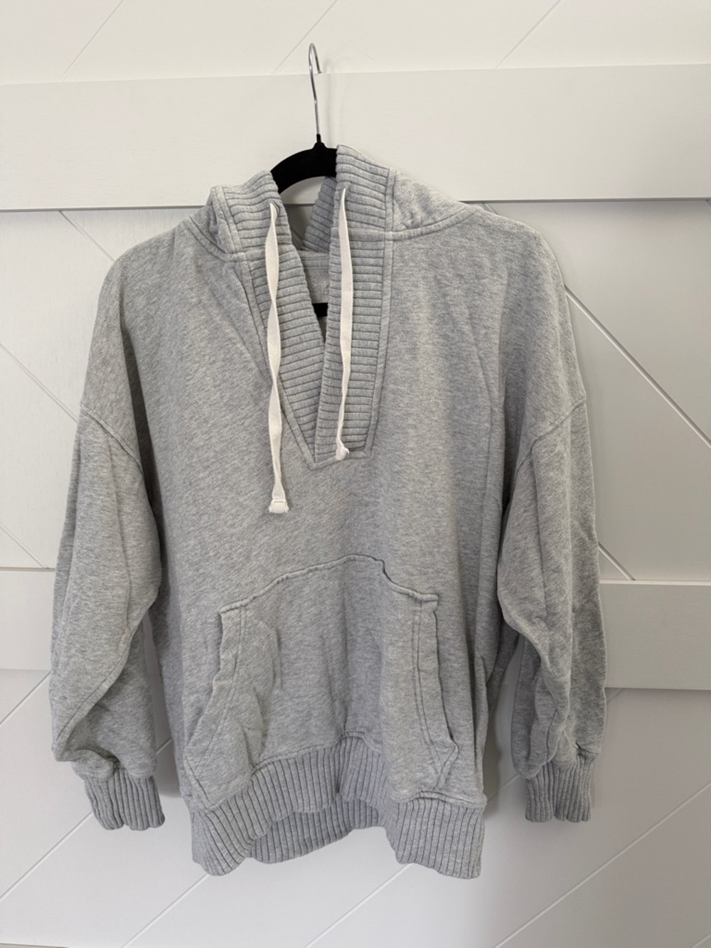 aerie Light Gray V-Neck Hooded Oversized Pullover Sweater